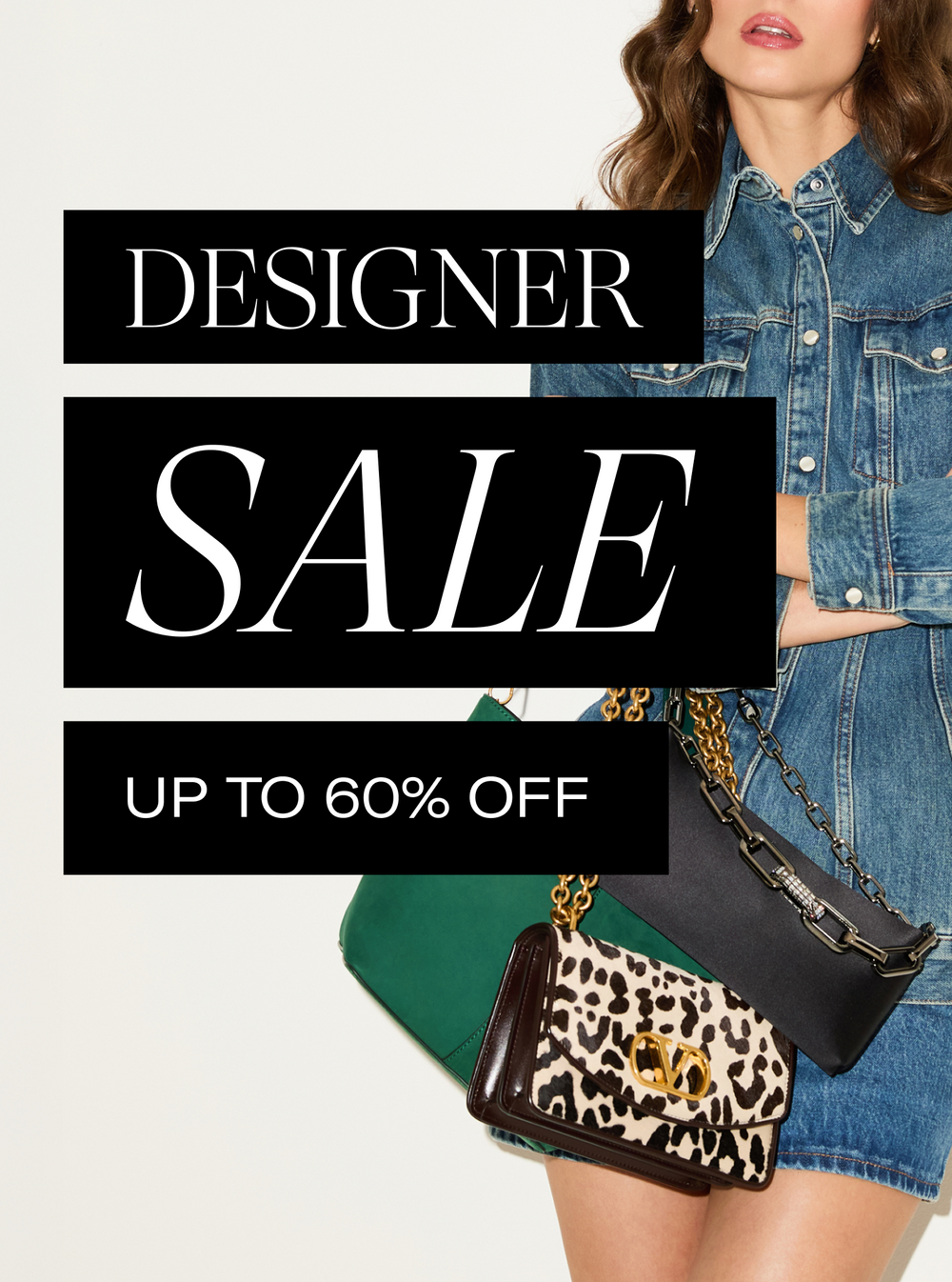 Designer sale advertisement with a woman holding a handbag on a light gray background