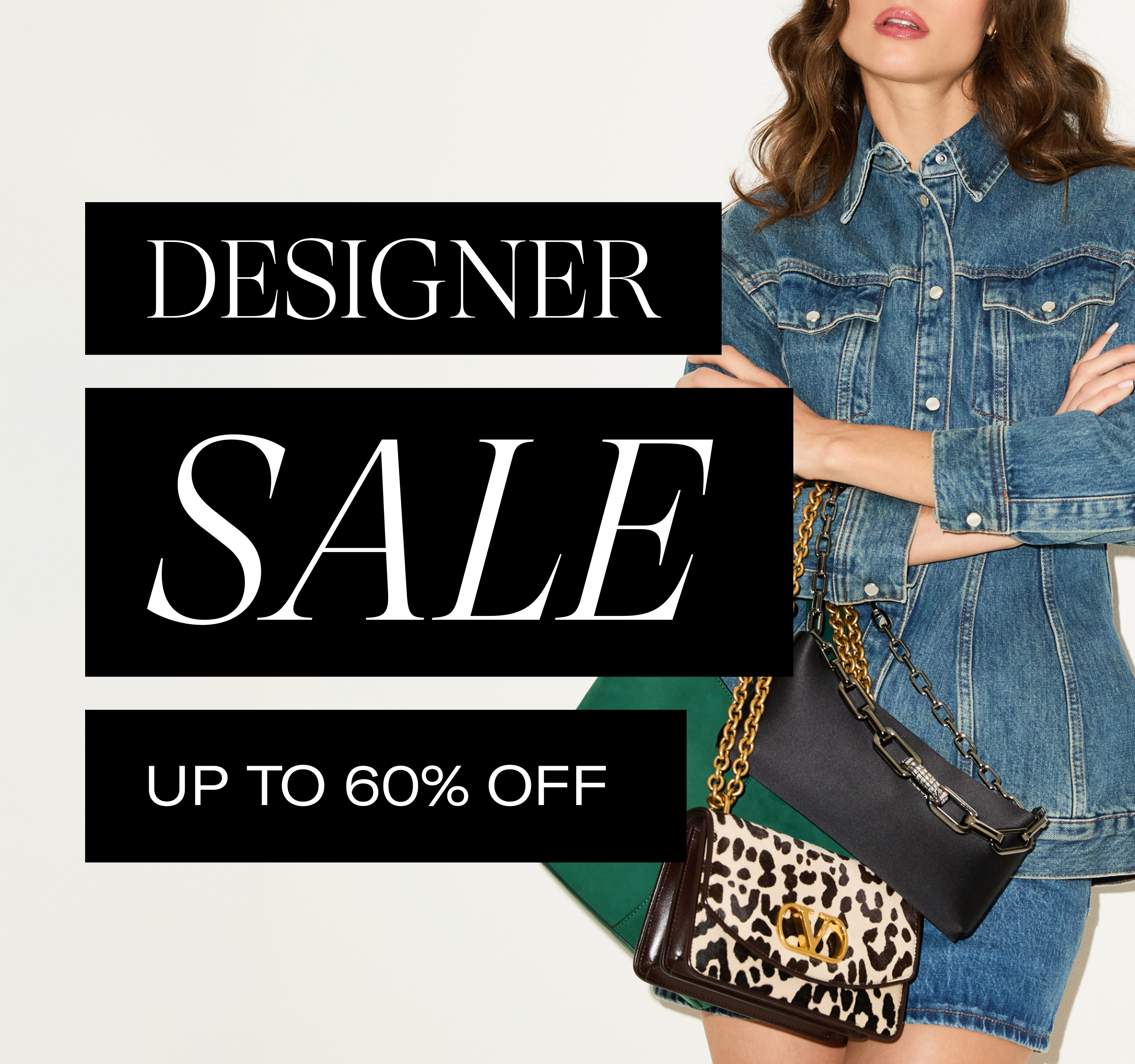 Woman holding a handbag with 'Designer Sale' text overlay