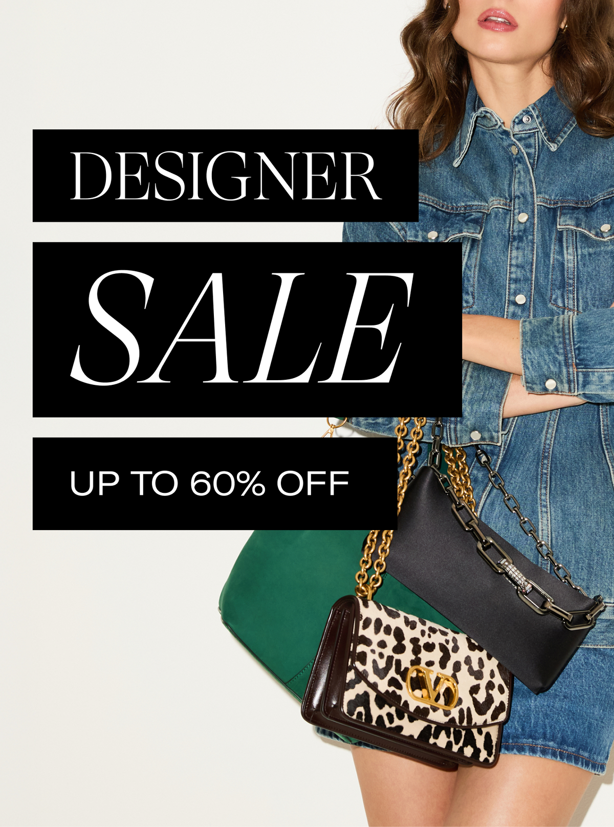 Woman holding a black handbag with leopard print details, promotional text for designer sale.