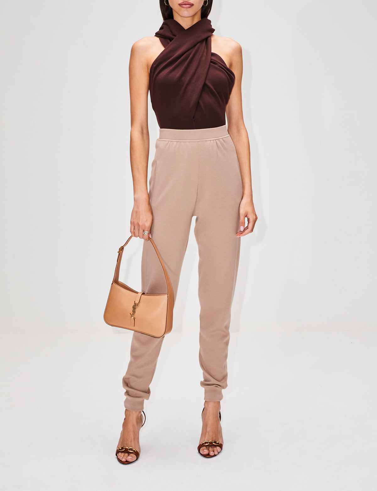 Plunge-neck leather tank top in brown - Saint Laurent