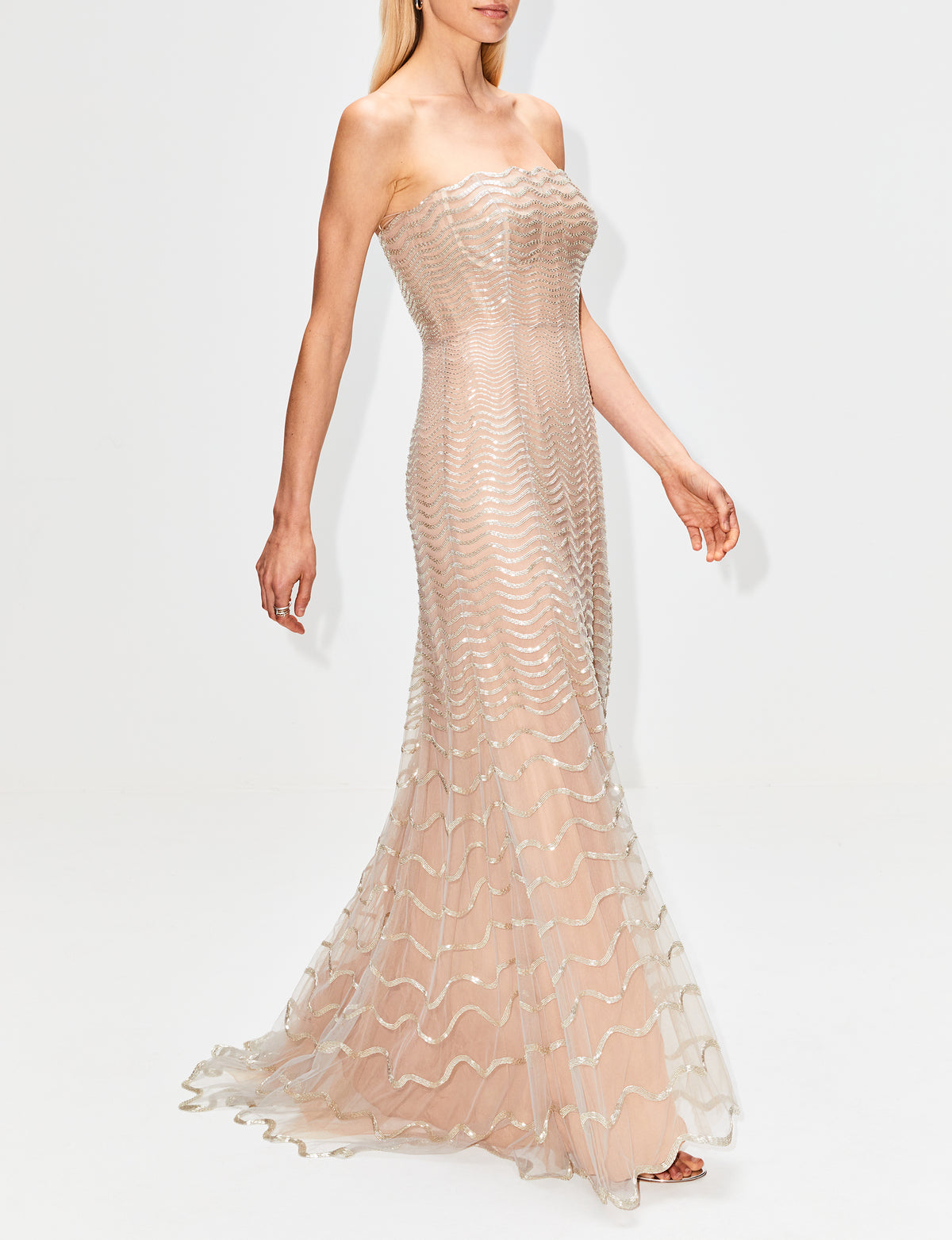 Strapless Bugle Bead Wave Gown
