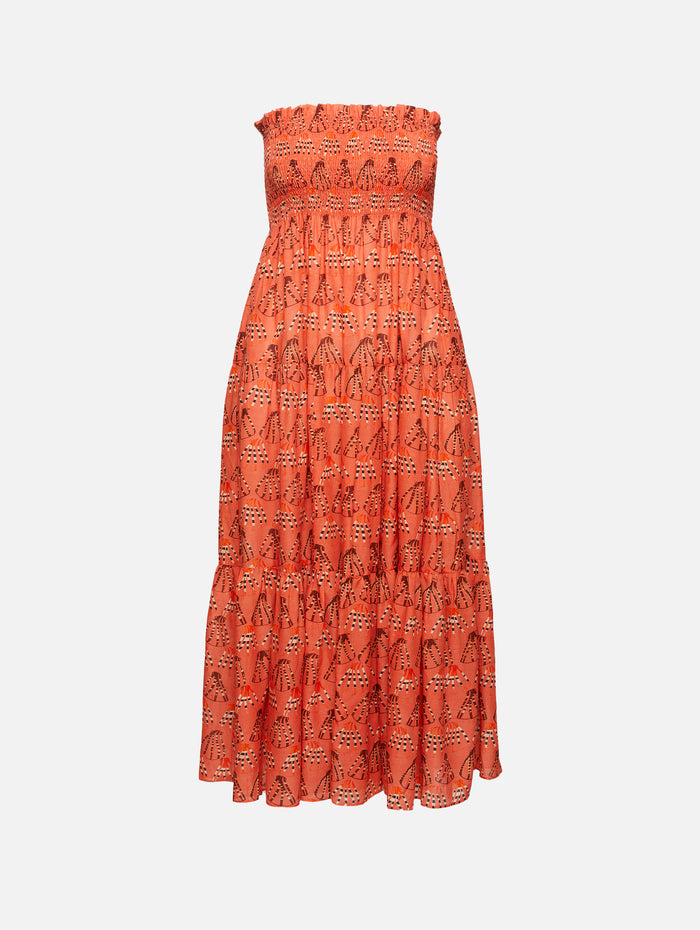 Women's Shirred Ruffle Bandeau Summer Dress Orange –