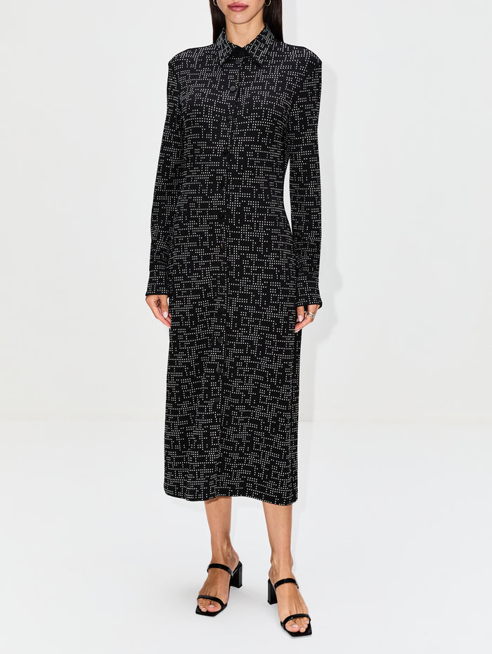 Long Sleeve Collared Dress,FERRAGAMO,BLACK,Image 1