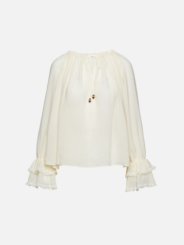 Tie Neck Blouse,CHLOÉ,PRISTINE WHITE,Image 1