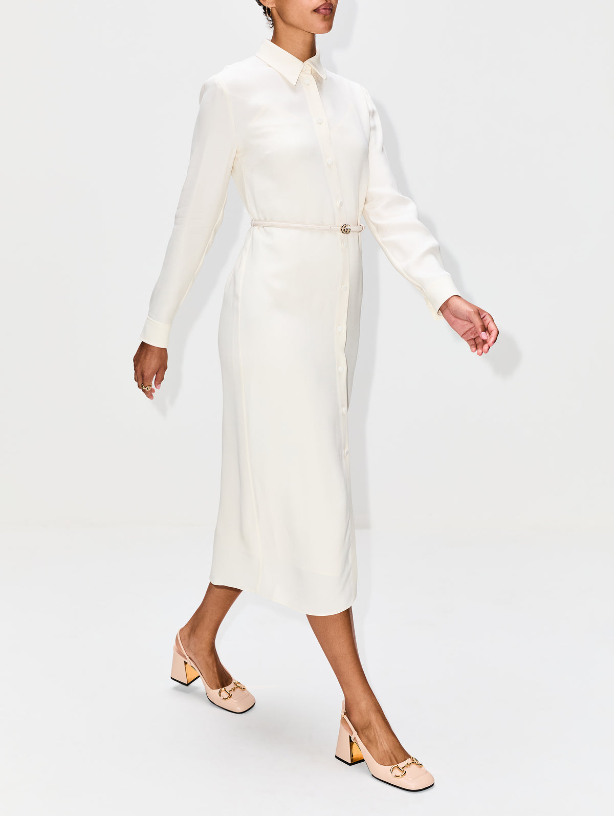 Belted Button Up Dress,GUCCI,IVORY,Image 3