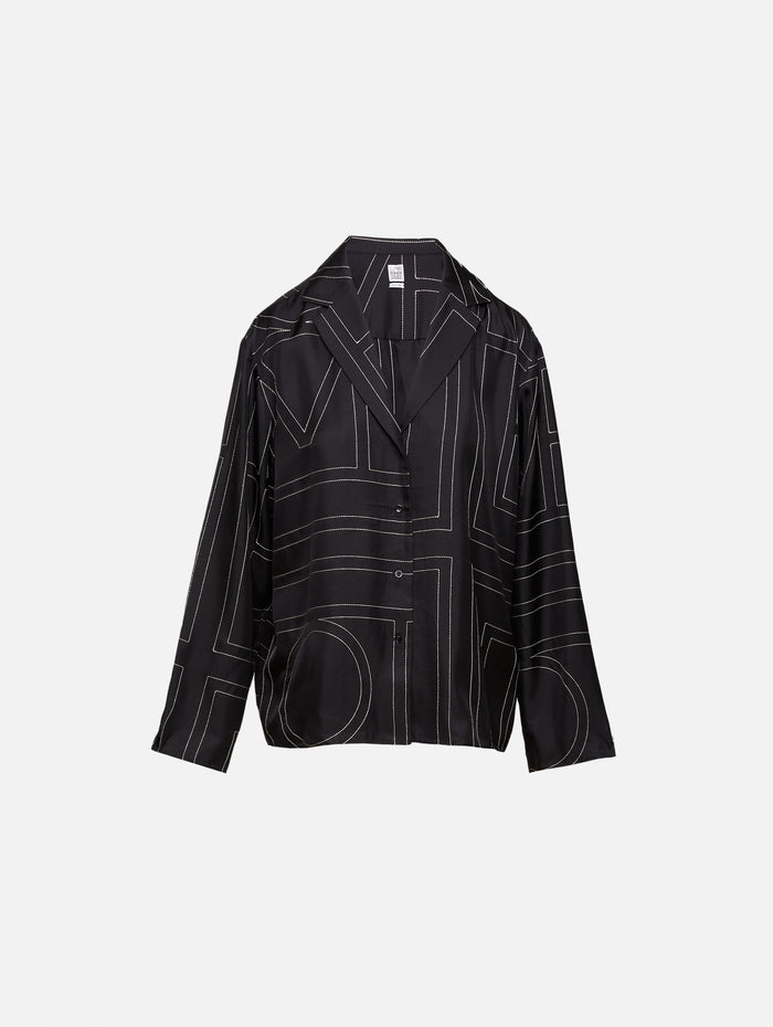 Monogram Silk Pj Top,TOTÉME,BLACK MONOGRAM,Image 1