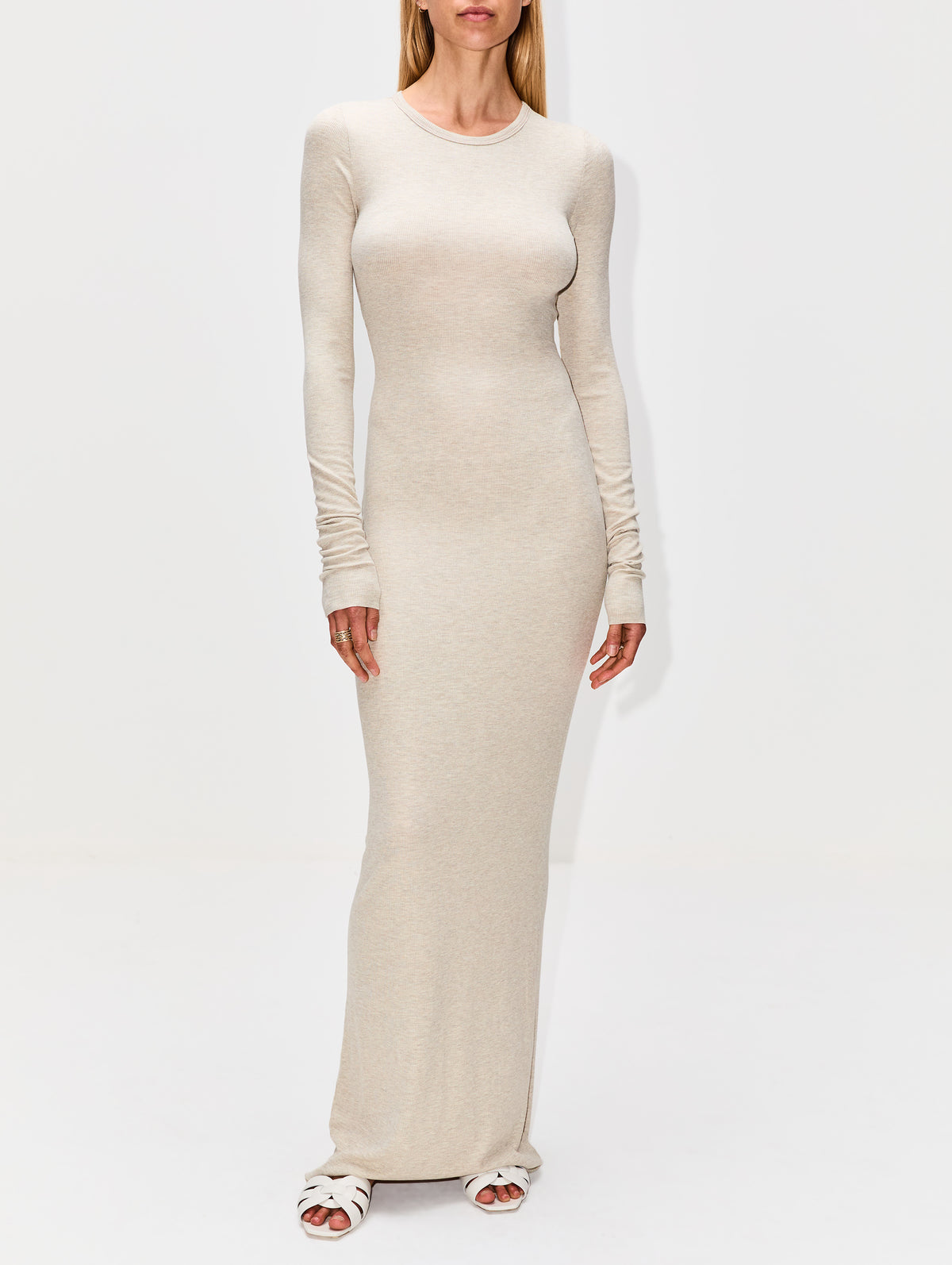 Long Sleeve Crewneck Maxi Dress,ÉTERNE,HEATHER OATMEAL,Image 2