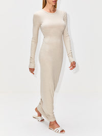 Long Sleeve Crewneck Maxi Dress,ÉTERNE,HEATHER OATMEAL,Image 3