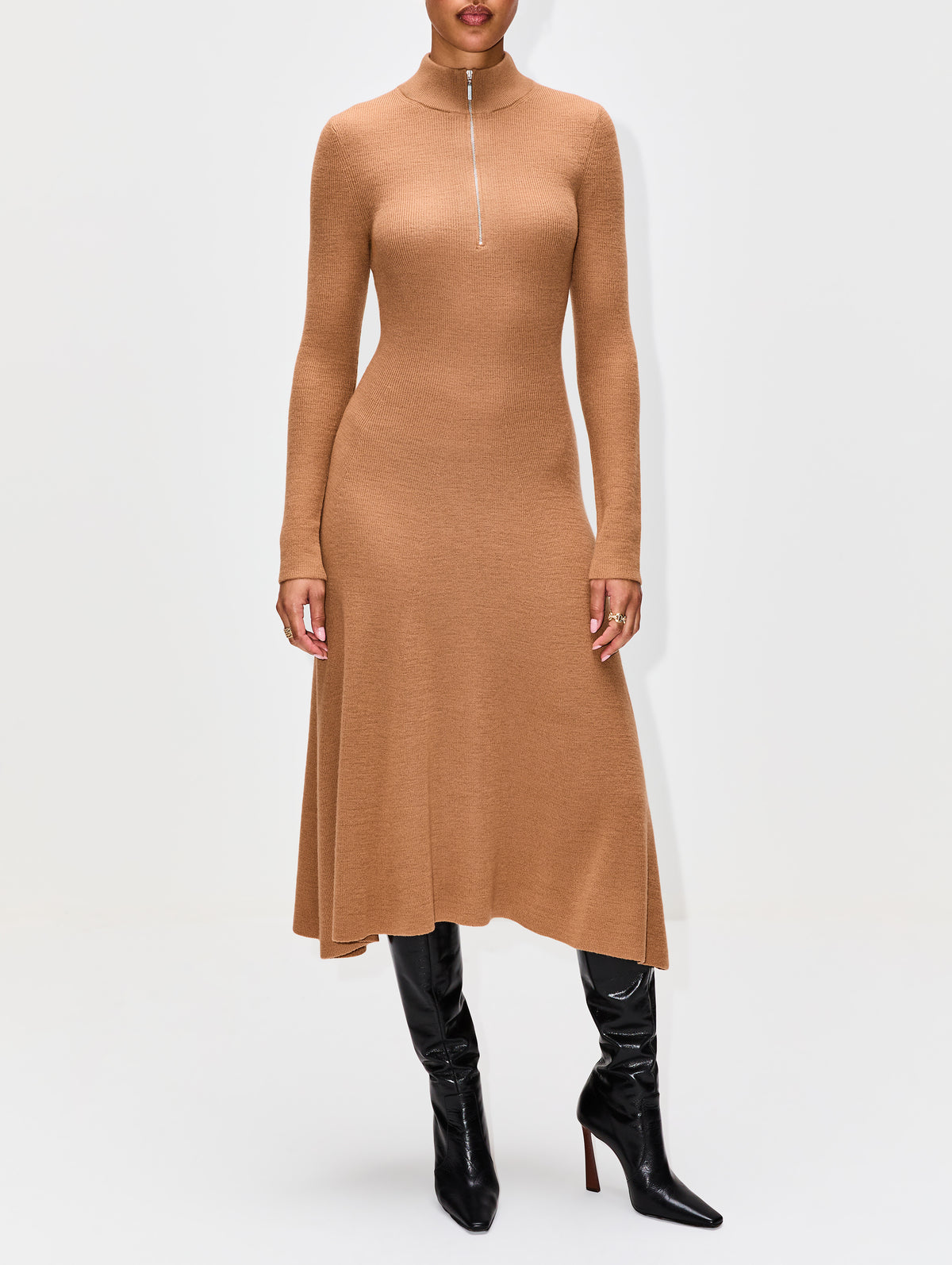 Ribbed Zip Up Turtleneck Dress,ROSETTA GETTY,CAMEL,Image 6