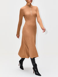 Ribbed Zip Up Turtleneck Dress,ROSETTA GETTY,CAMEL,Image 7