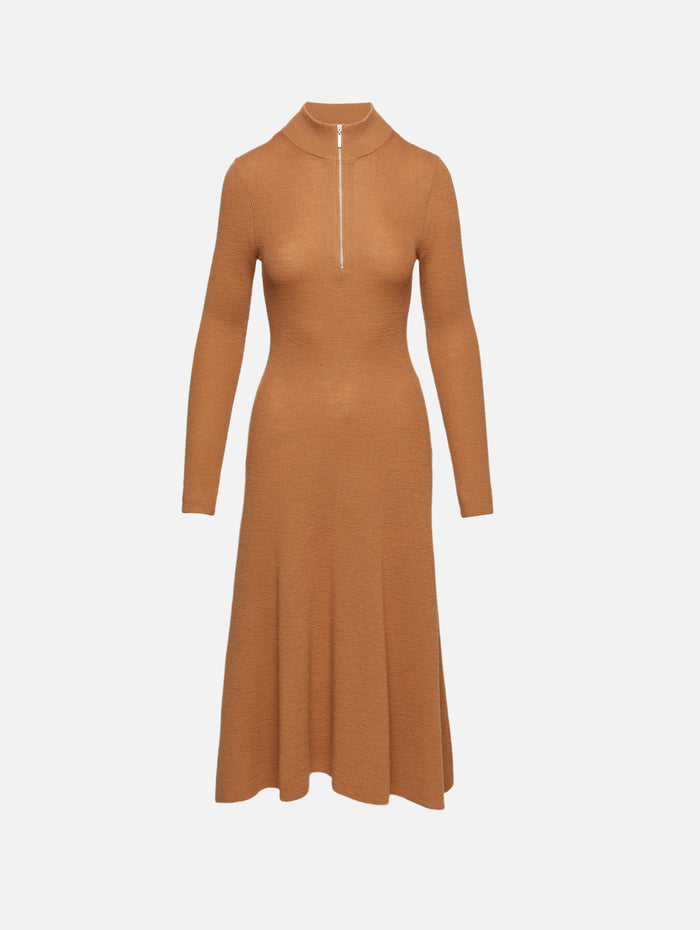 Ribbed Zip Up Turtleneck Dress,ROSETTA GETTY,CAMEL,Image 1