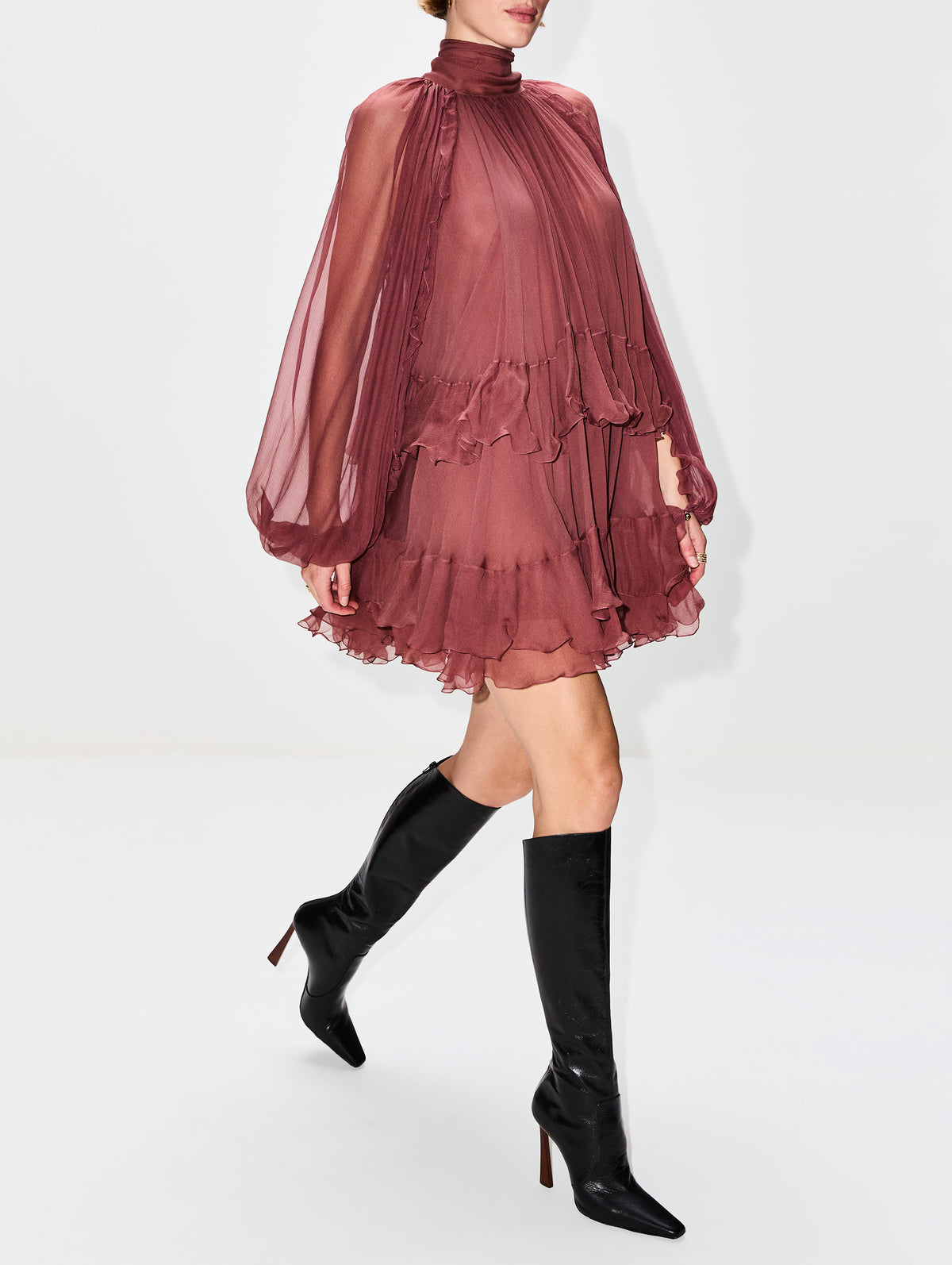 Flowy High Neck Mini Dress,CHLOÉ,WOODROSE,Image 3