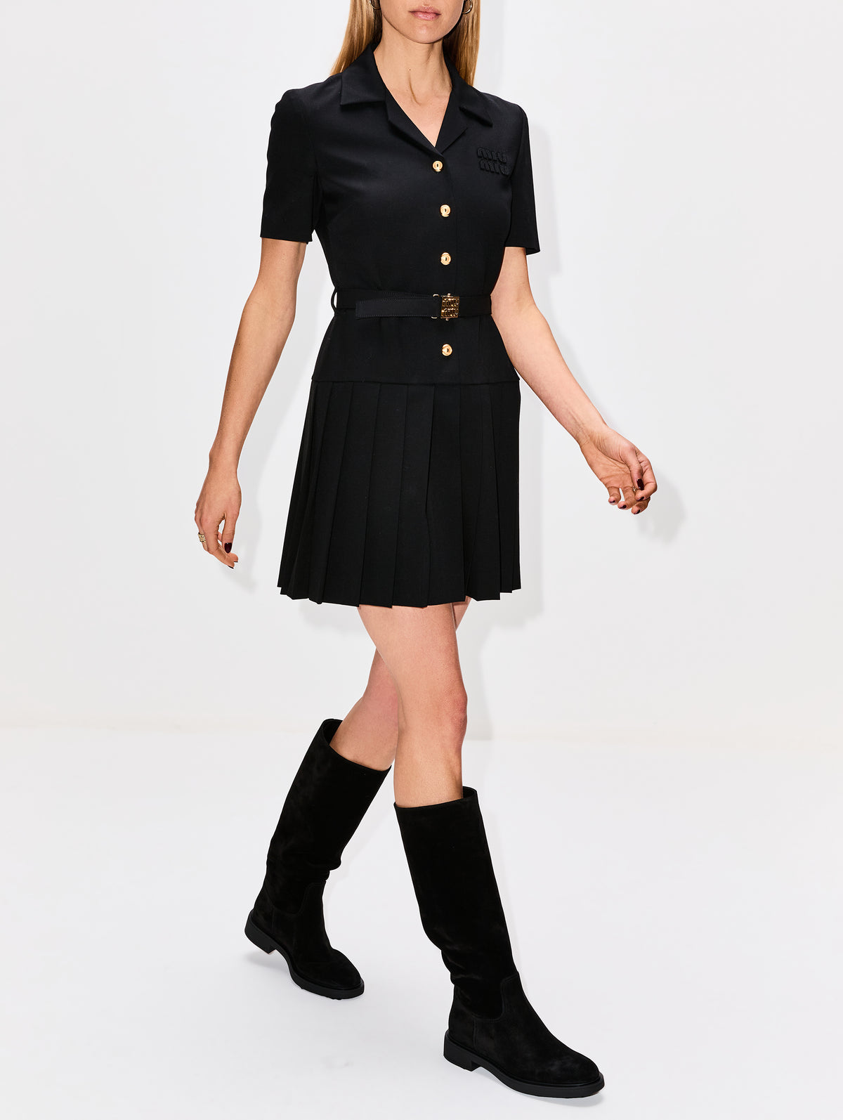 Belted Short Sleeve Dress,MIU MIU,NERO,Image 3