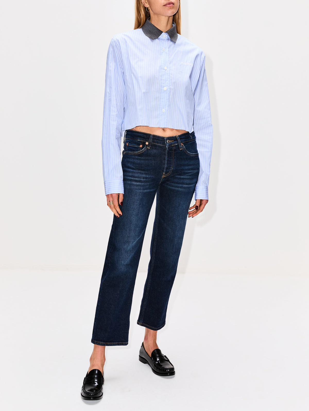 Cropped Button Up Shirt,MIU MIU,CIELO/BIANCO,Image 2