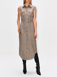 Lilian Sleeveless Shirt Dress,BRANDON MAXWELL,BROWN PLAID,Image 2