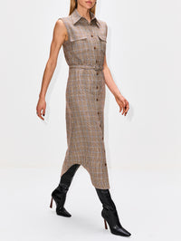 Lilian Sleeveless Shirt Dress,BRANDON MAXWELL,BROWN PLAID,Image 3