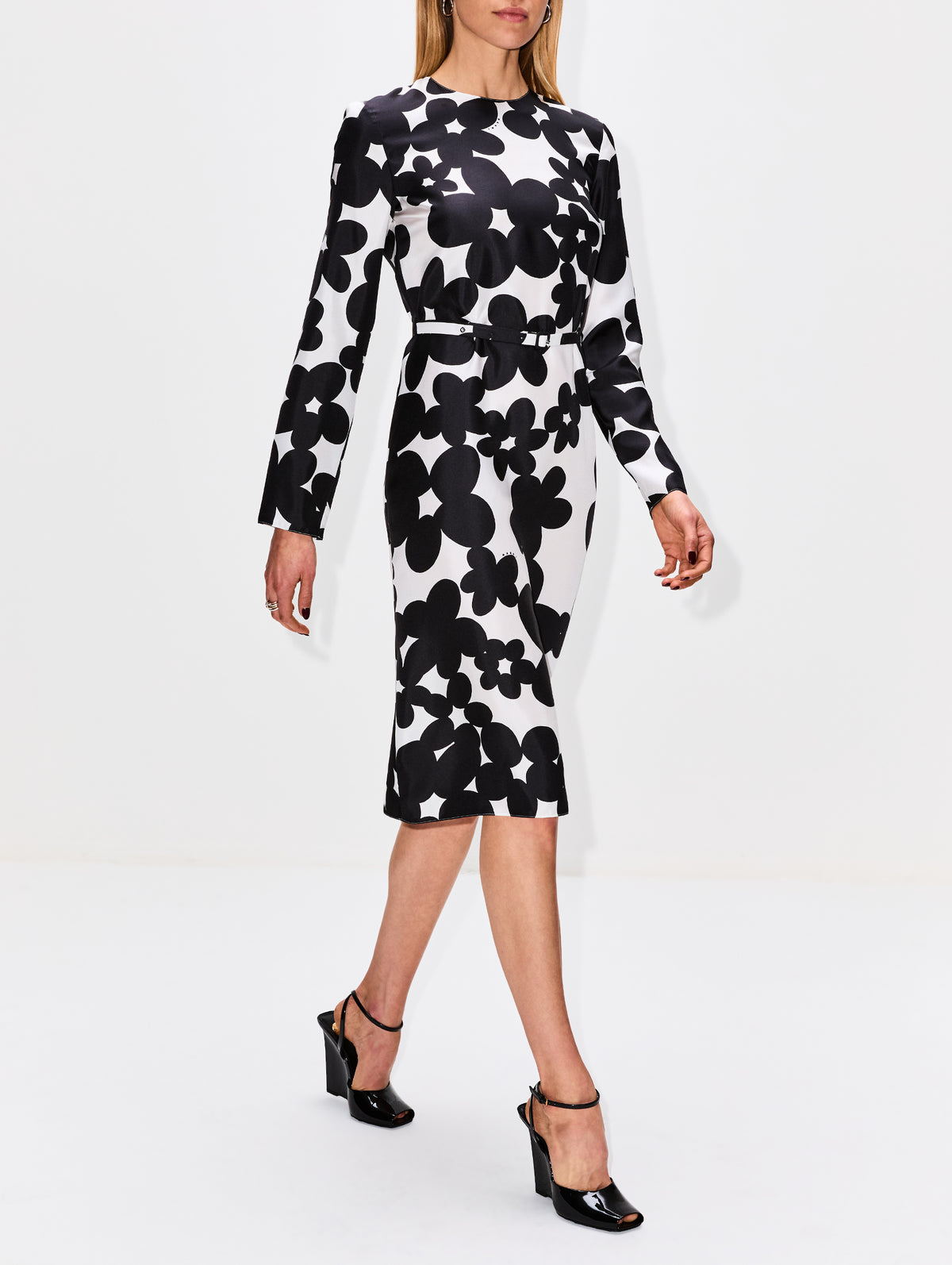 Long Sleeve Midi Floral Dress,MARNI,BLACK,Image 3