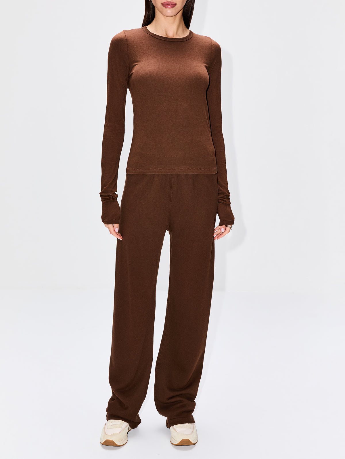 LINDLOOK Women's Basic Crewneck Long Sleeve T-Shirt – Stretchy, Slim Fit, Cotton Blend, Medium Brown