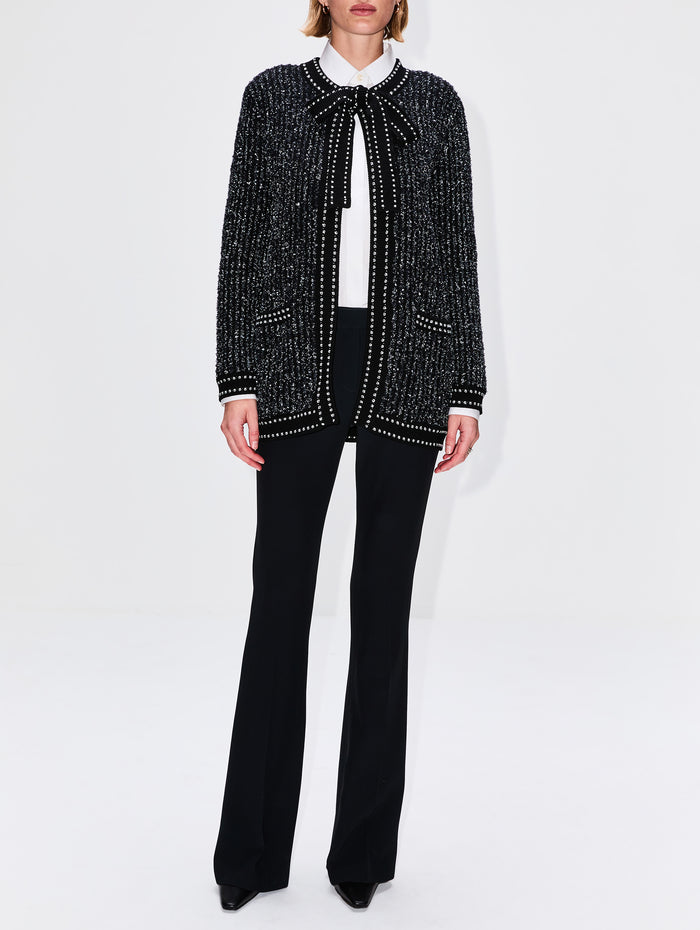 Eyelash Tweed Neck Tie Cardigan,THOM BROWNE,BLACK,Image 1