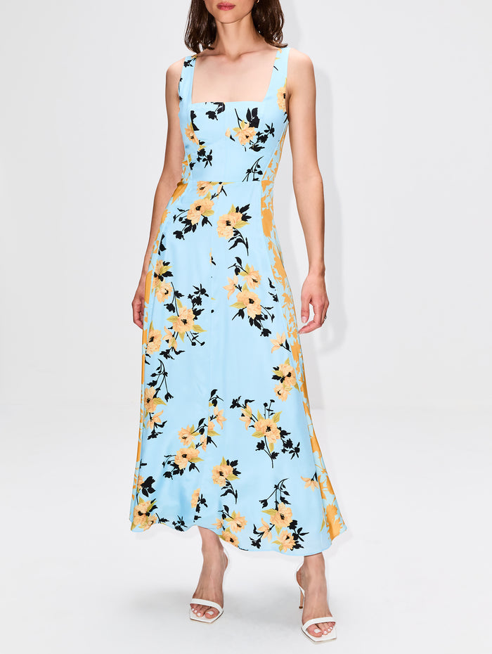 Floral Silk Dress,LA LIGNE,GOLDEN ROD BLUE,Image 1