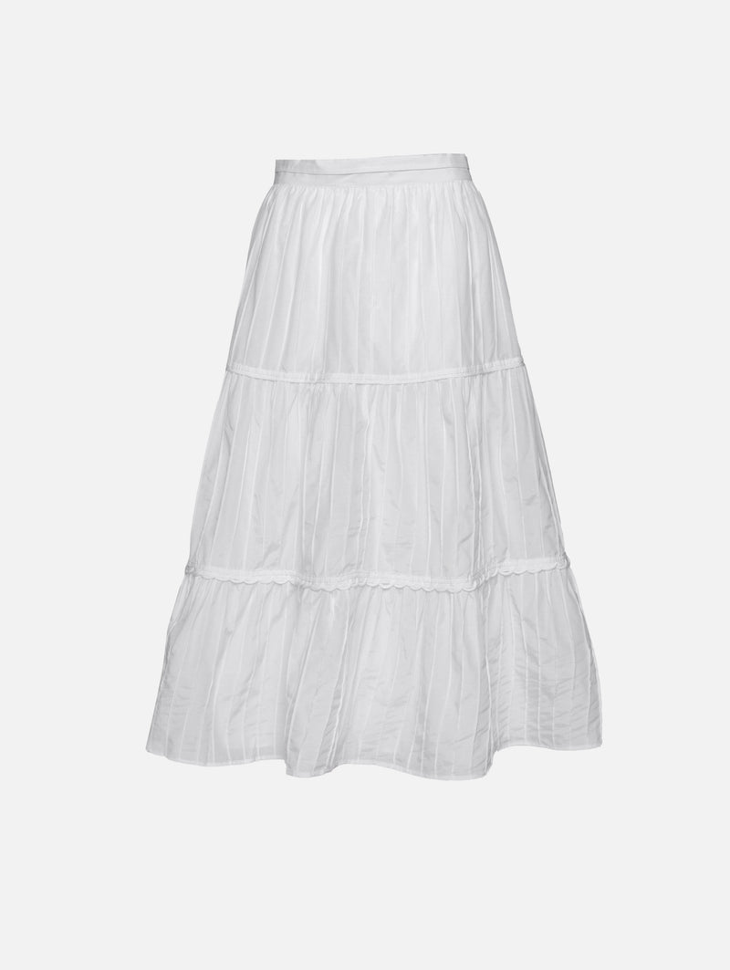 Ivory colored, mid-length, tiered skirt with elastic waistband by La Ligne
