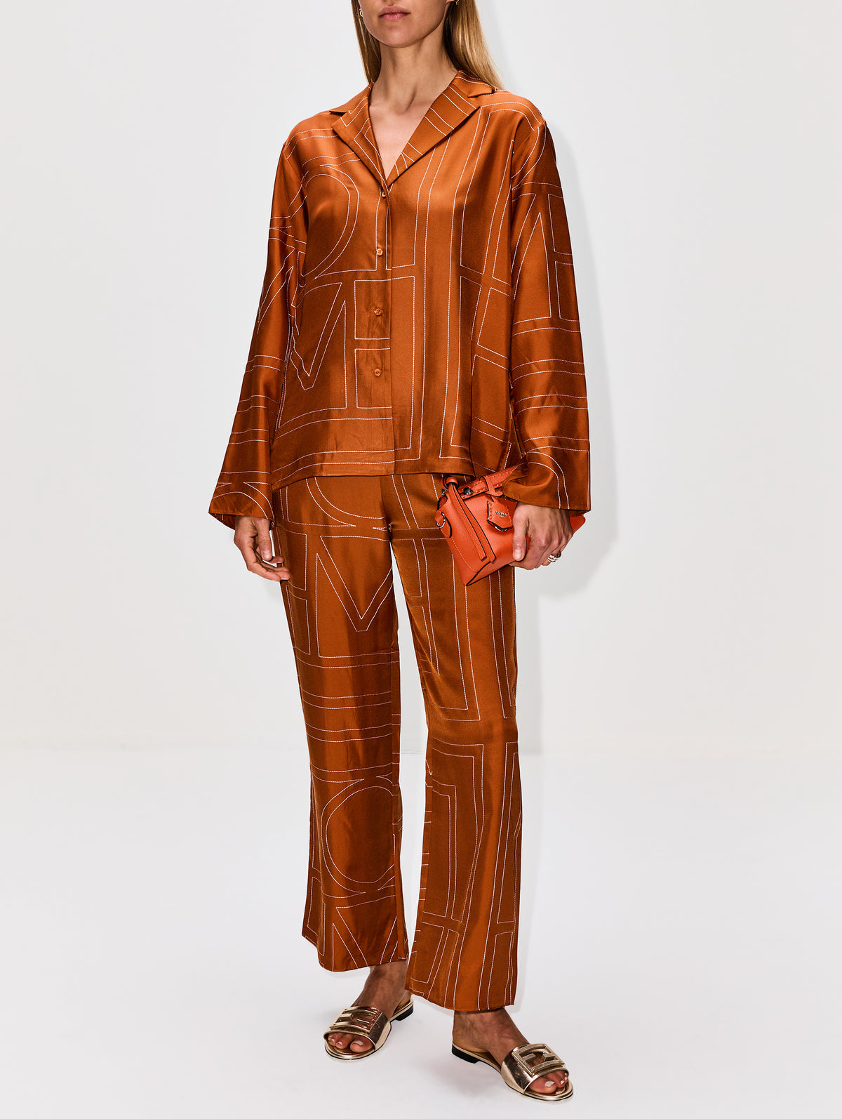 Monogram Silk PJ Bottom,TOTÉME,TERRACOTTA,Image 2
