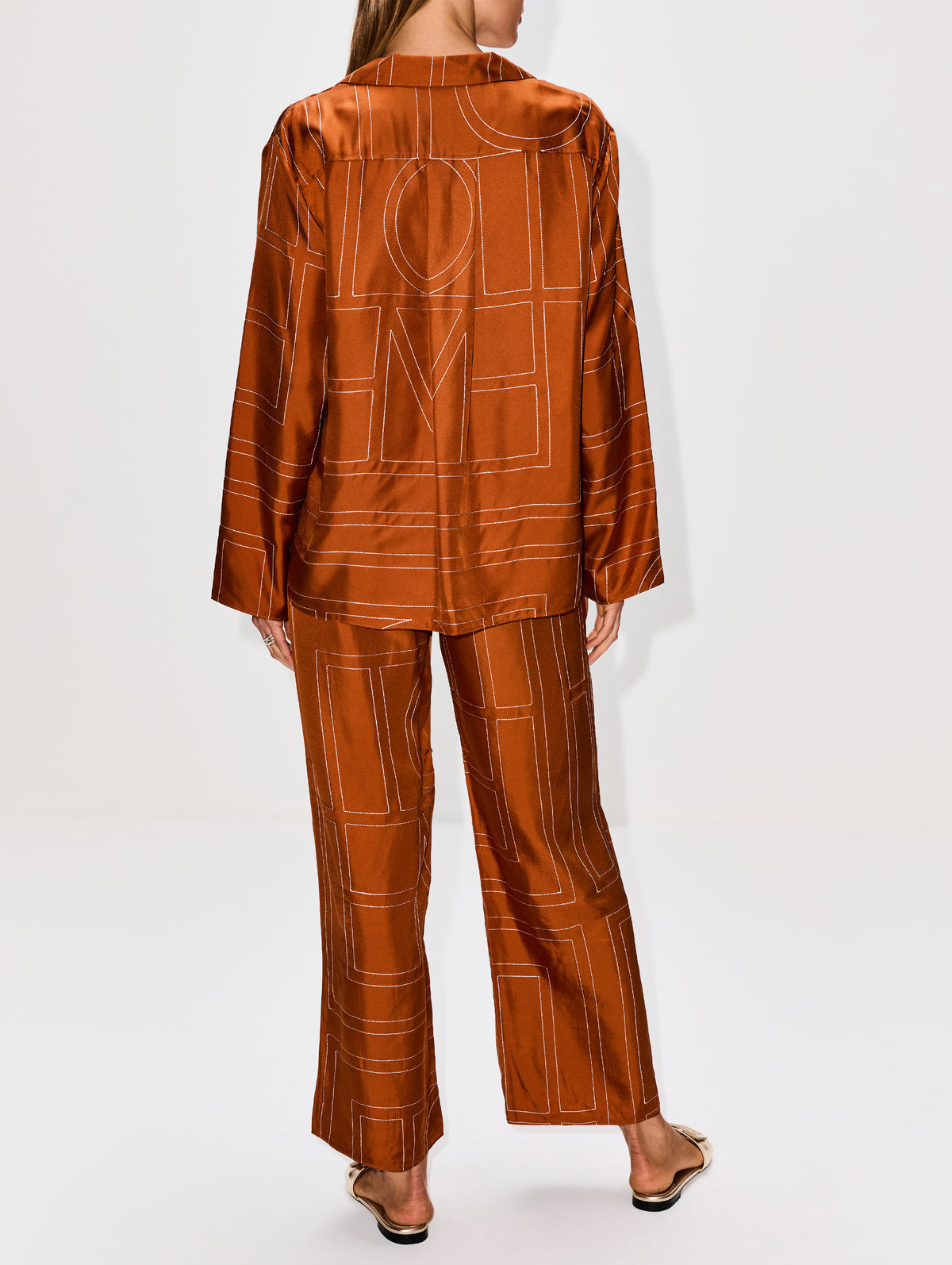 Monogram Silk PJ Bottom,TOTÉME,TERRACOTTA,Image 4