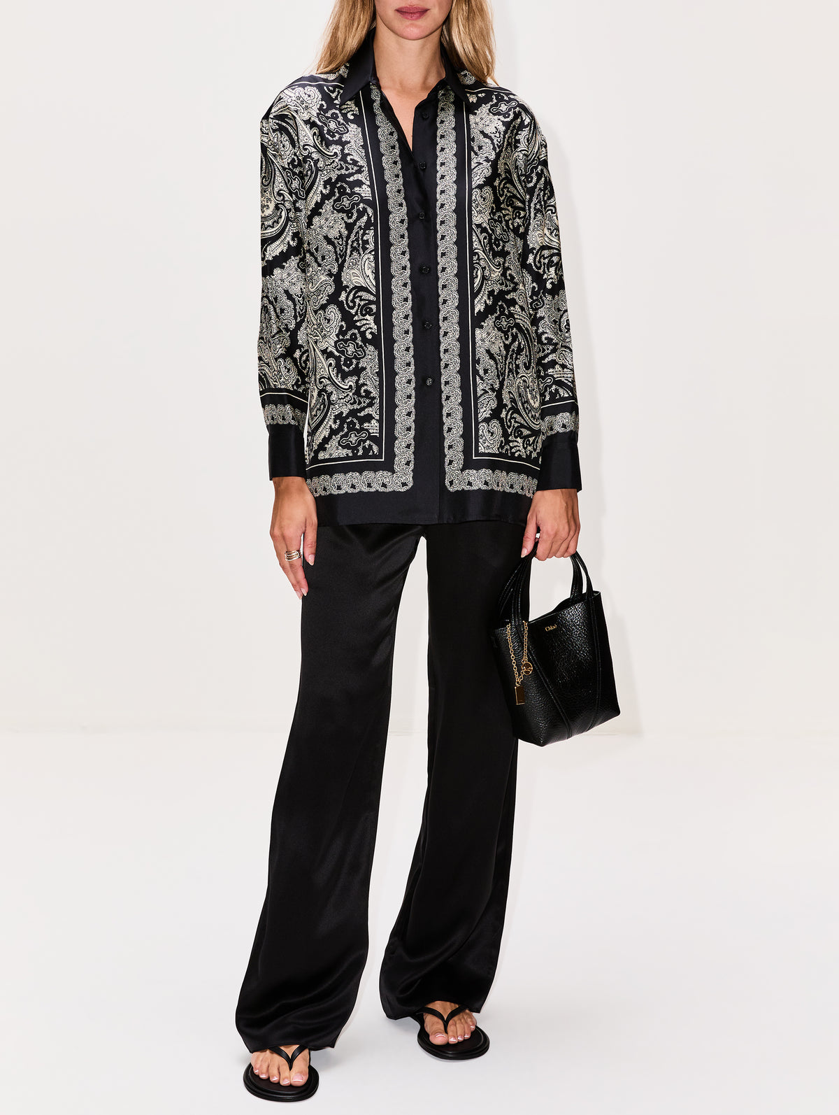 Alfie Printed Shirt,NILI LOTAN,BLACK/IVORY,Image 2