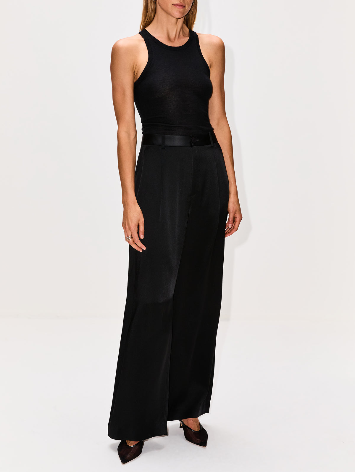 Satin Relaxed Pleated Pant,LAPOINTE,BLACK,Image 2