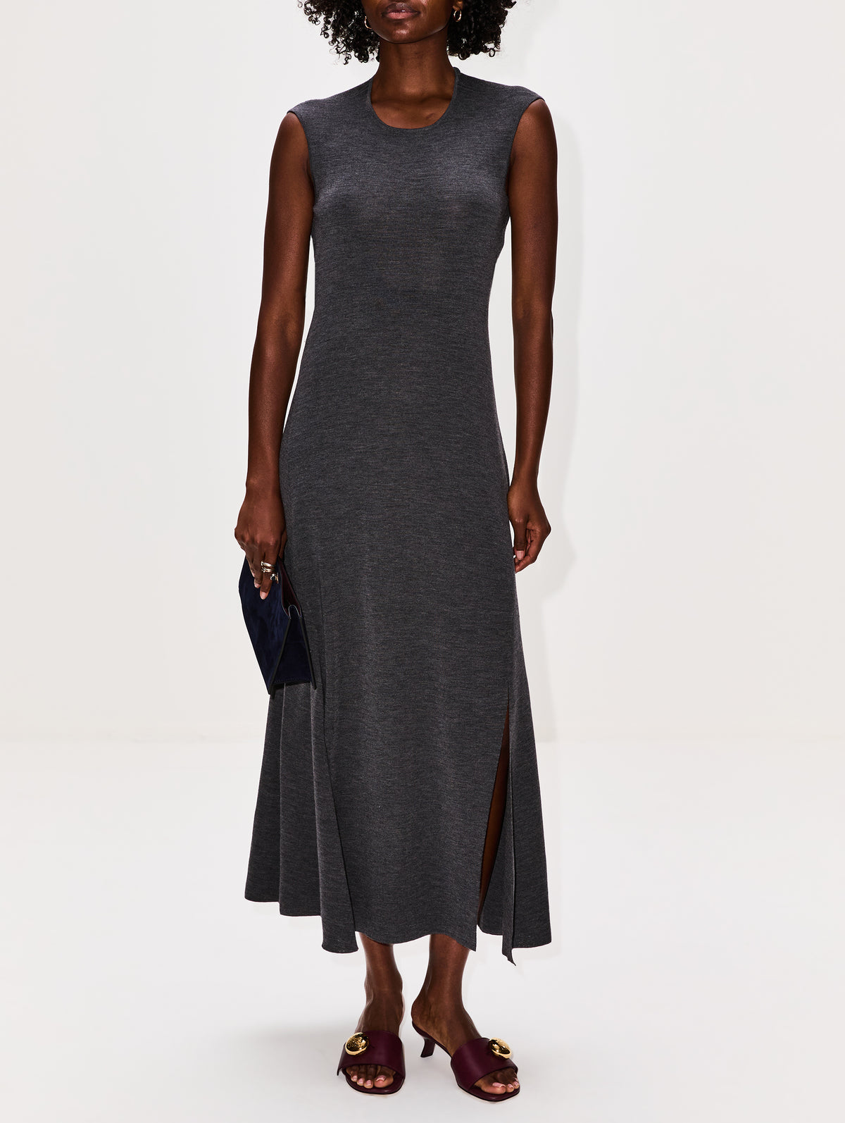 Clara Knit Flared Dress,FFORME,GREY MELANGE,Image 2