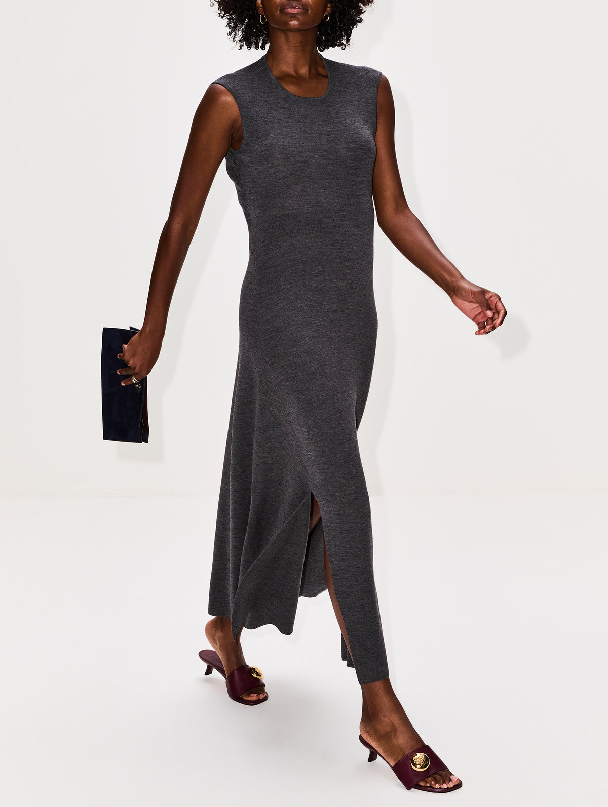 Clara Knit Flared Dress,FFORME,GREY MELANGE,Image 3