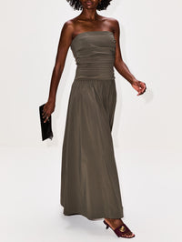 Gathered Strapless Dress,ST AGNI,KHAKI,Image 3