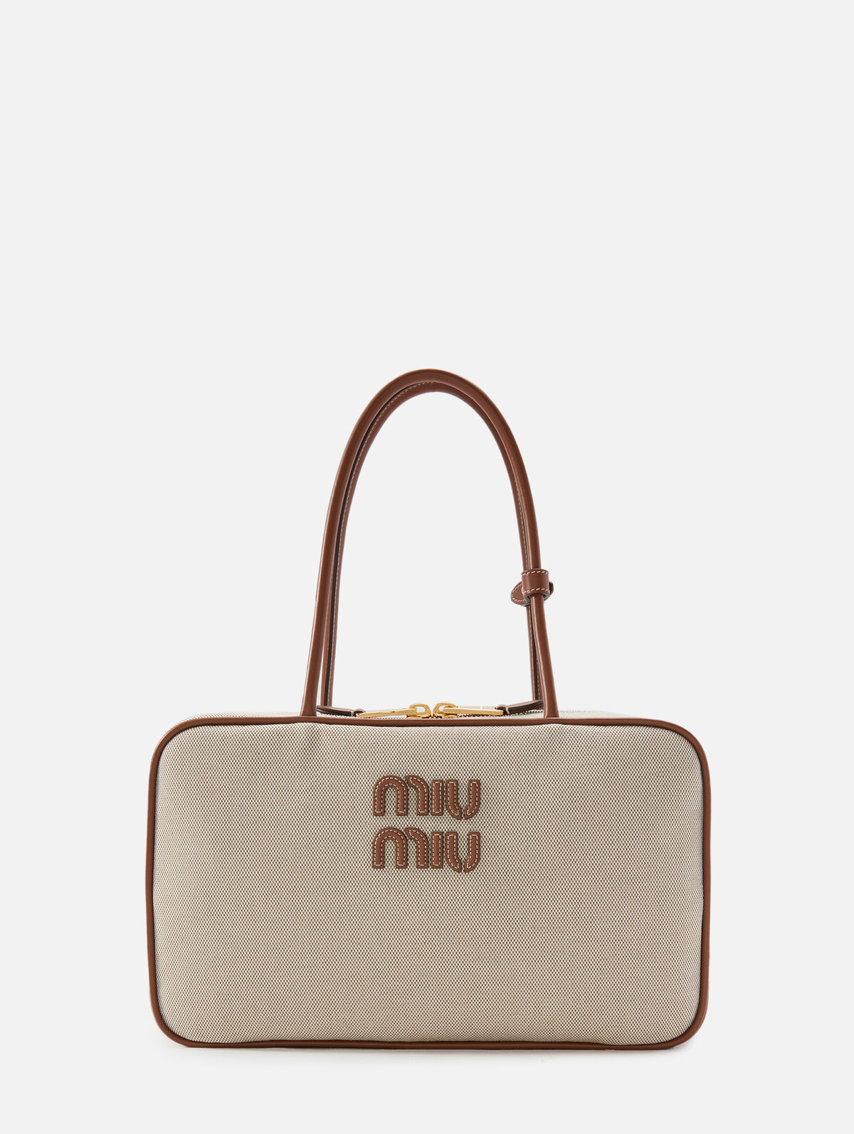 Beau Canvas Top Handle Bag,MIU MIU,NATURAL/BRANDY,Image 1