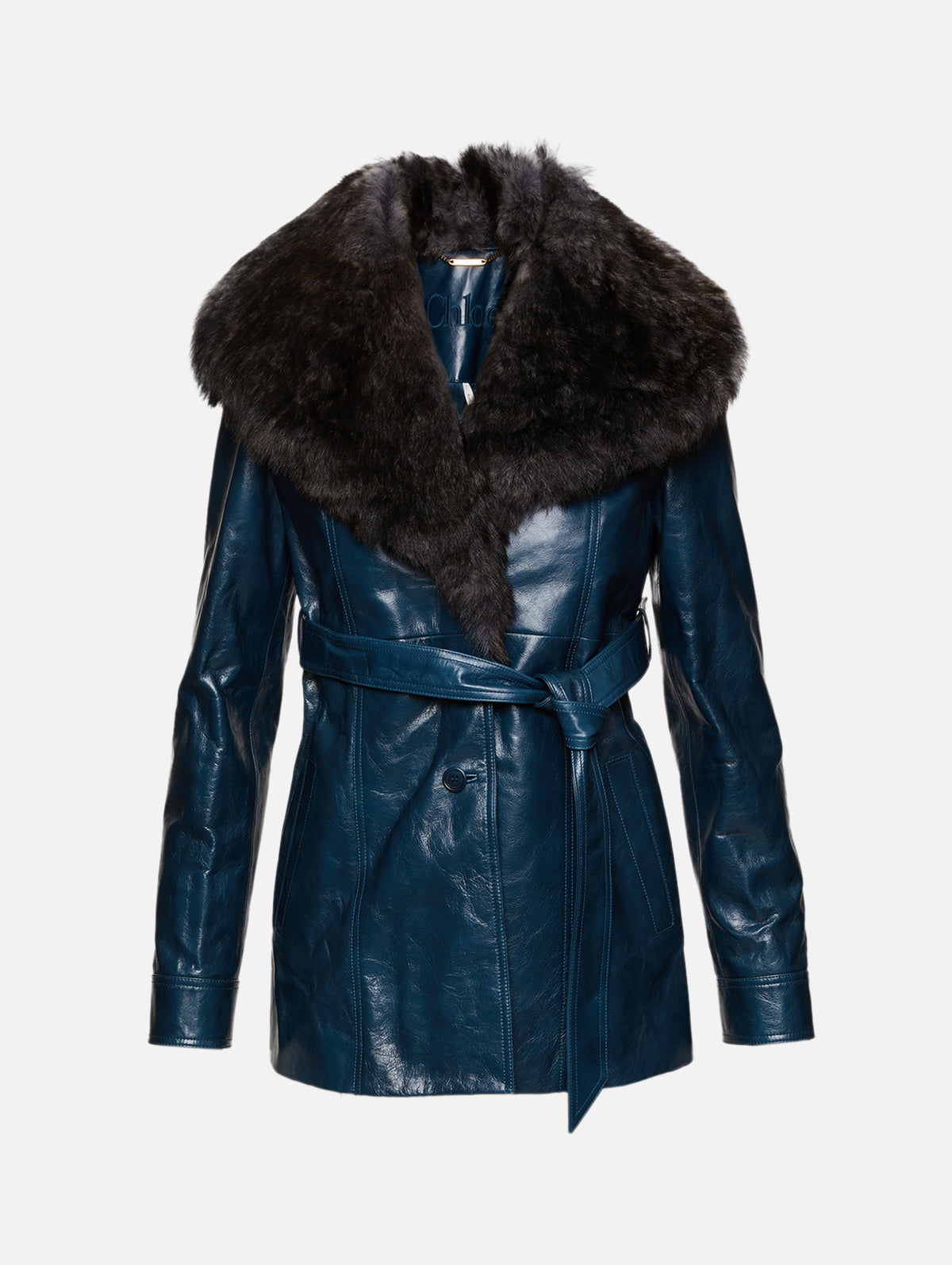 Fur Collar Leather Jacket,CHLOÉ,MILITARY BLUE,Image 1