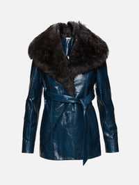 Fur Collar Leather Jacket,CHLOÉ,MILITARY BLUE,Image 1