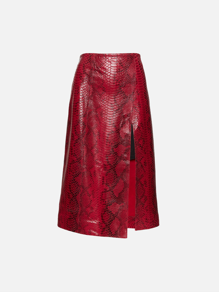 Side Slit Midi Leather Skirt,ZEYNEP ARCAY,FUSCHIA SNAKE,Image 1