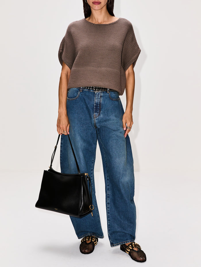 Short Sleeve Crop Top,ALAIA,GRIS TAUPE,Image 1