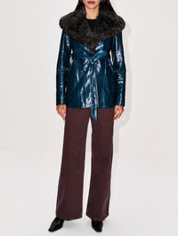 Fur Collar Leather Jacket,CHLOÉ,MILITARY BLUE,Image 2