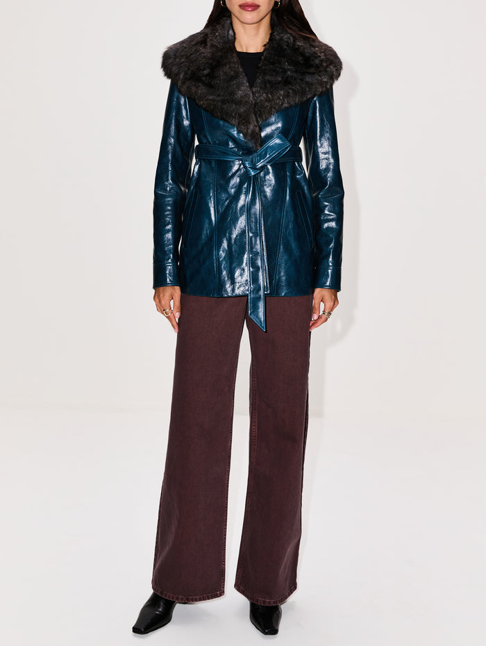 Fur Collar Leather Jacket,CHLOÉ,MILITARY BLUE,Image 1