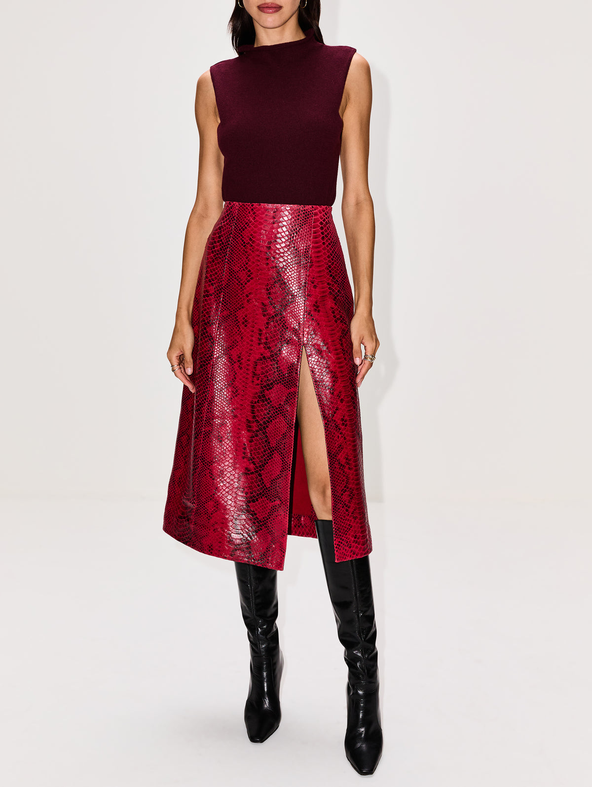Side Slit Midi Leather Skirt,ZEYNEP ARCAY,FUSCHIA SNAKE,Image 2