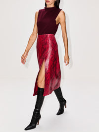Side Slit Midi Leather Skirt,ZEYNEP ARCAY,FUSCHIA SNAKE,Image 3