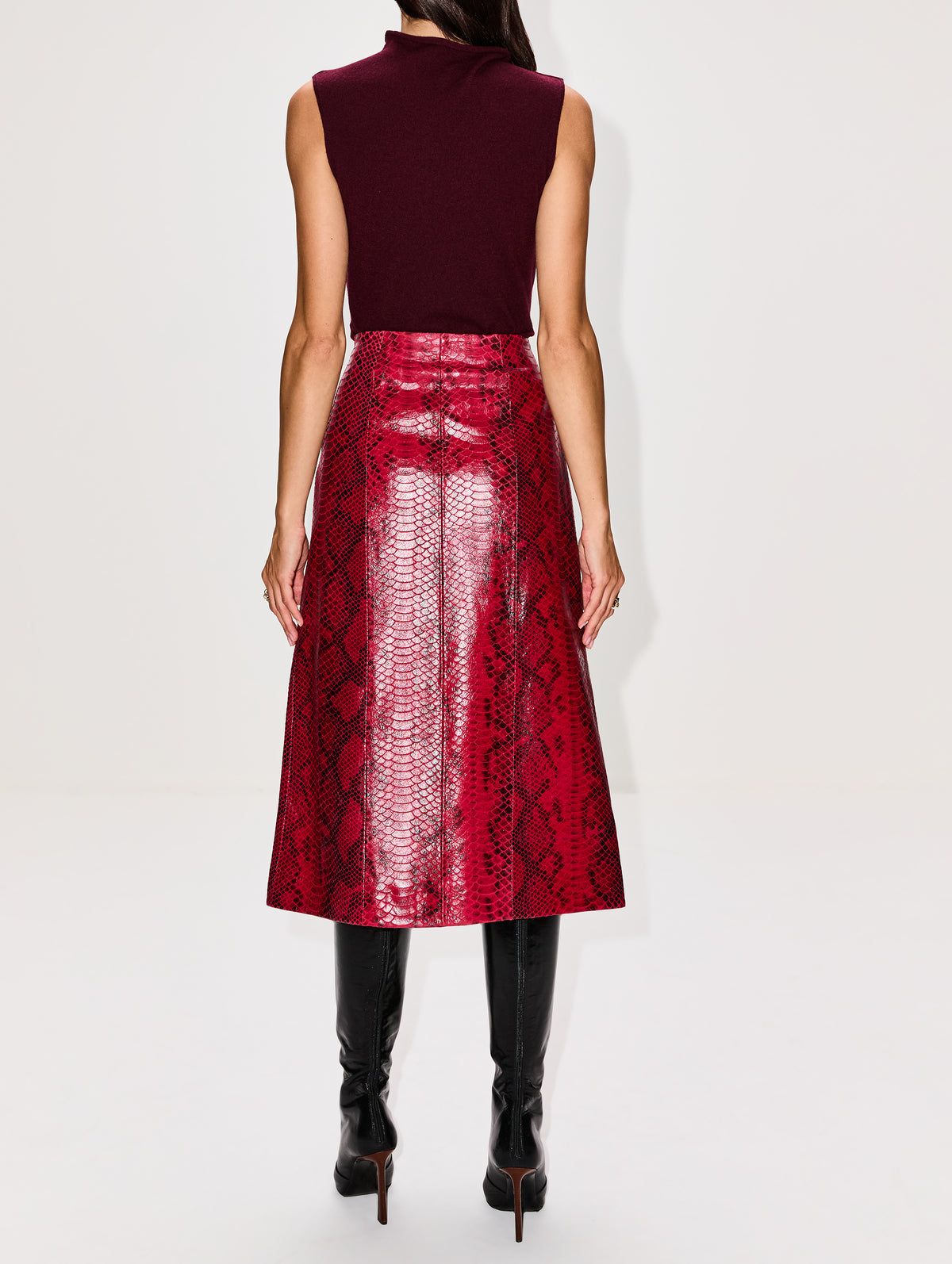 Side Slit Midi Leather Skirt,ZEYNEP ARCAY,FUSCHIA SNAKE,Image 4
