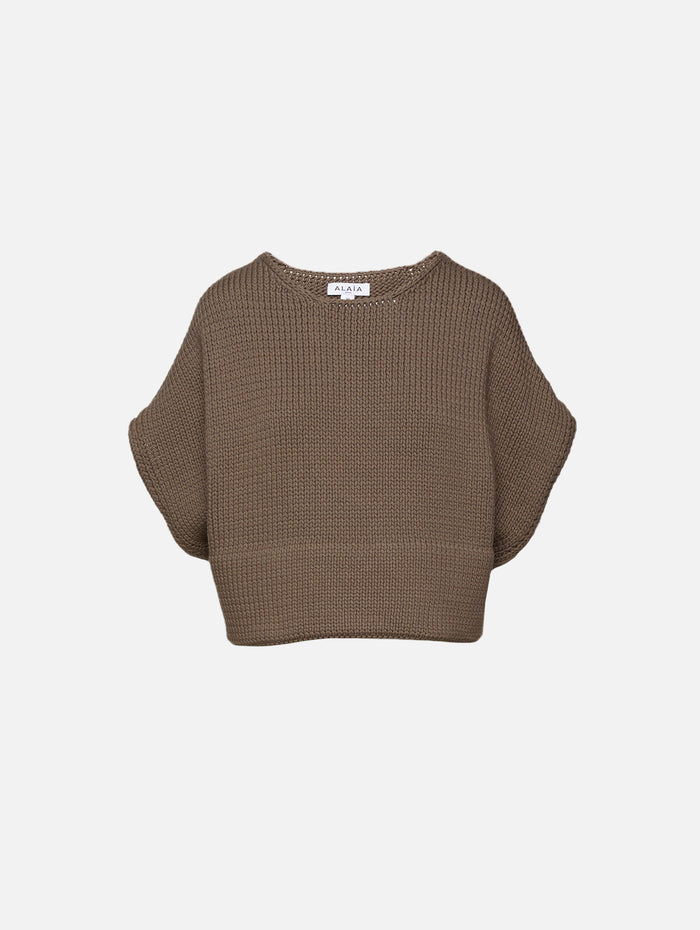 Short Sleeve Crop Top,ALAIA,GRIS TAUPE,Image 1