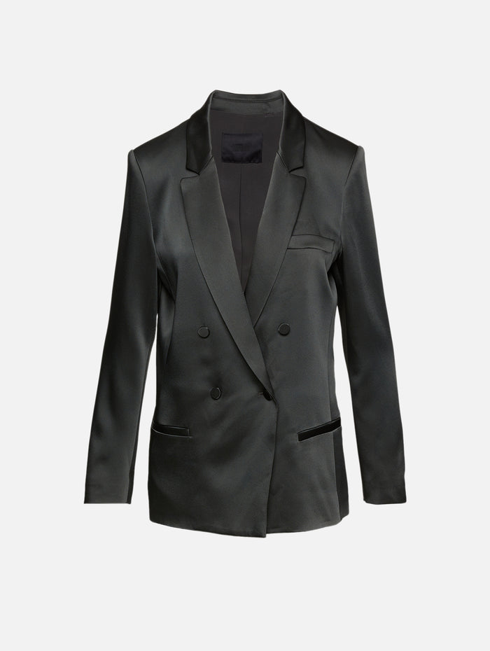 Satin Double Breasted Blazer,LAPOINTE,DARK GREEN,Image 1