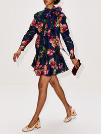 Ruffle Mini Dress,CAROLINA HERRERA,DARK NAVY MULTI,Image 3