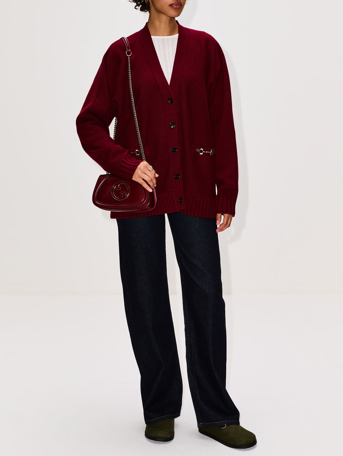 Long Sleeve V Neck Cardigan,GUCCI,RED WINE,Image 2