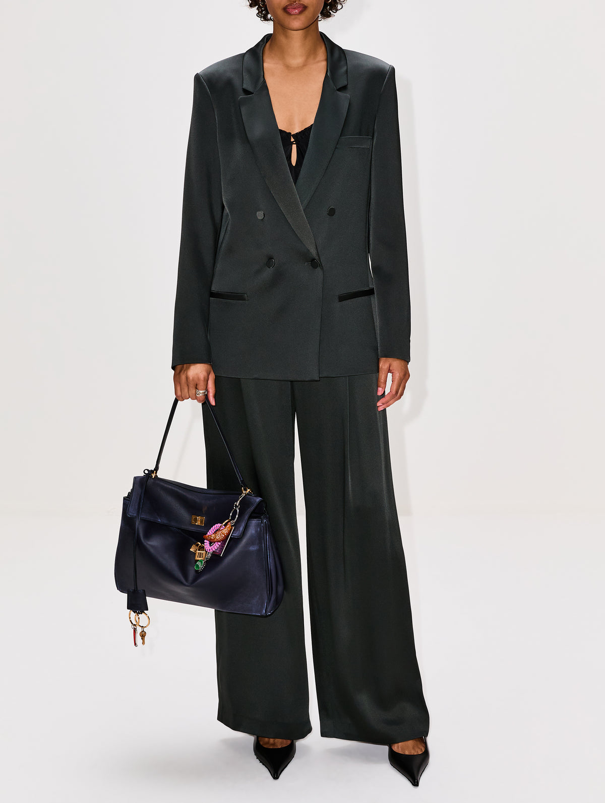 Satin Double Breasted Blazer,LAPOINTE,DARK GREEN,Image 2