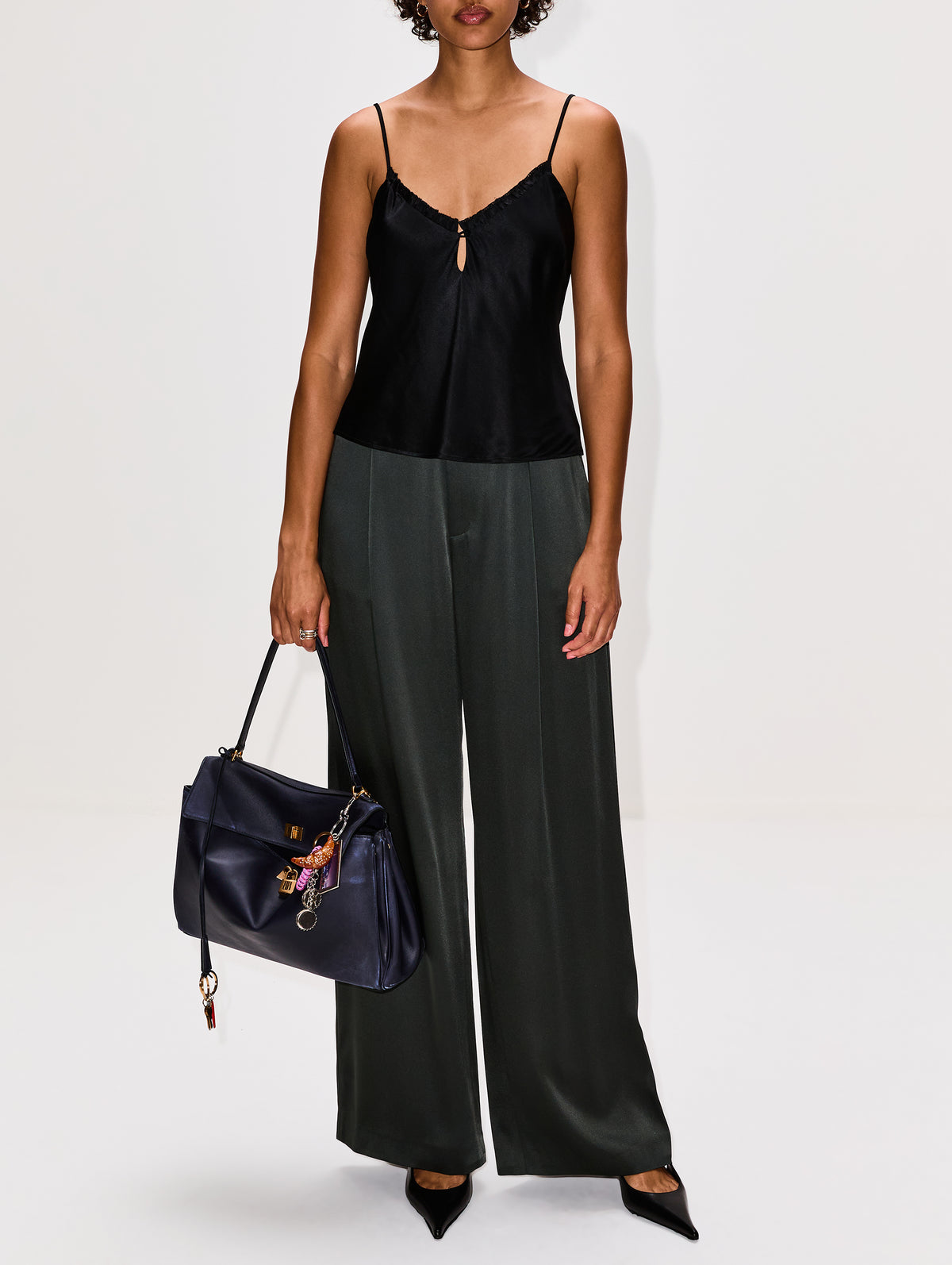 Satin Pleated Pant,LAPOINTE,DARK GREEN,Image 2