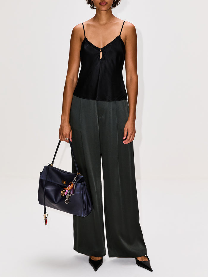 Satin Pleated Pant,LAPOINTE,DARK GREEN,Image 1