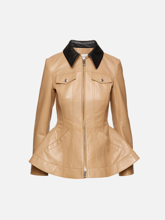 Leather Peplum Jacket,ALEXANDER MCQUEEN,BEIGE/BROWN,Image 1